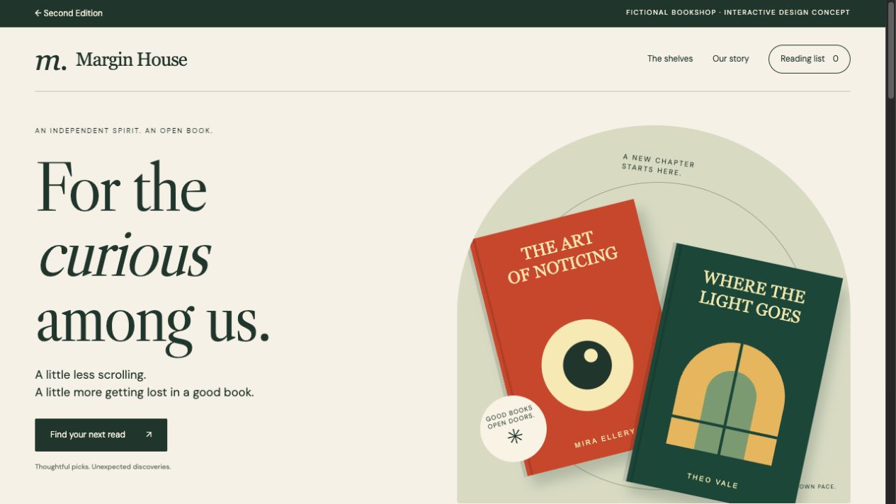 Margin House bookshop concept with expressive typography, illustrated book covers, and a warm green and orange palette.